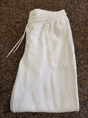 Puma Cream Track Joggers with Pink Logo Accent